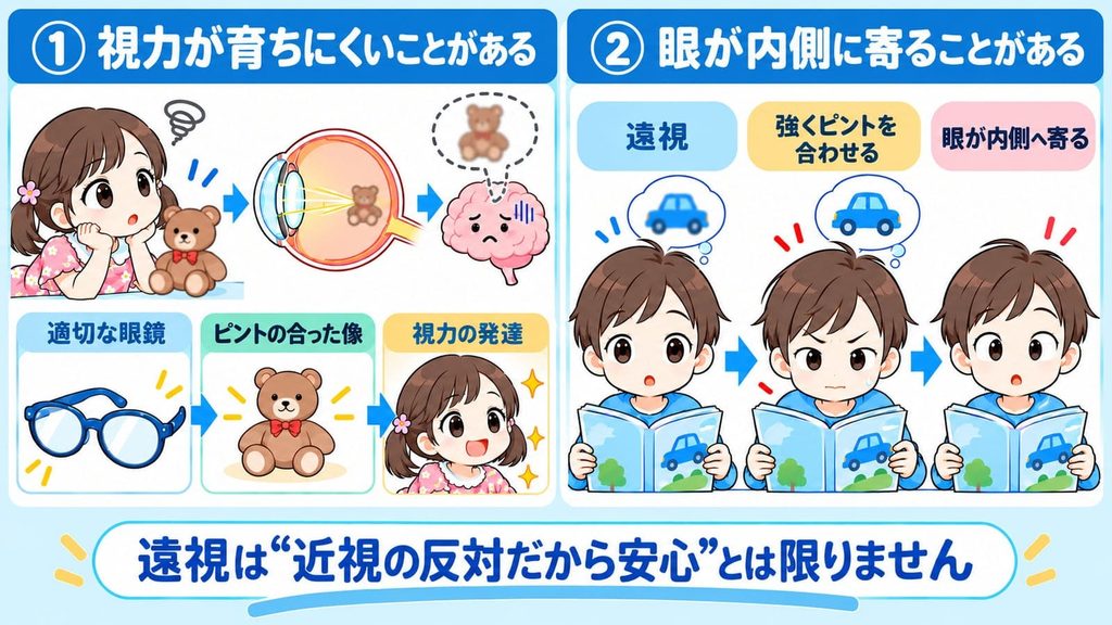 遠視は近視の反対だから安心とは限らないと説明する図解