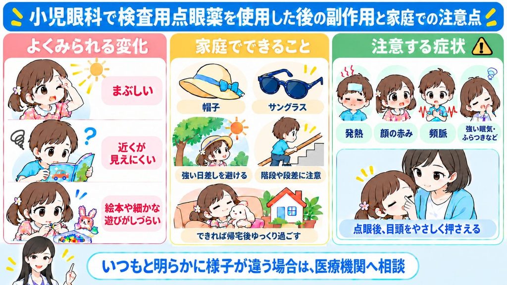小児科で検査用点眼薬を使用した後の副作用と家庭での注意点を説明した図解
