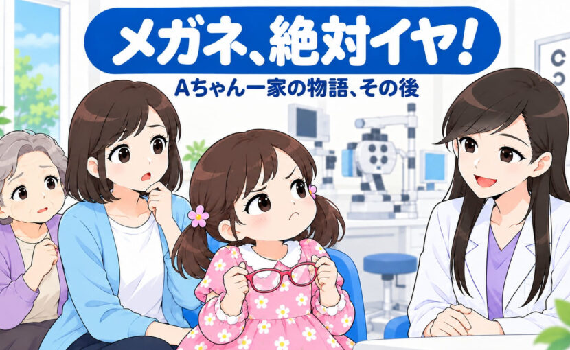 メガネを拒否する女の子とその家族と医師の図