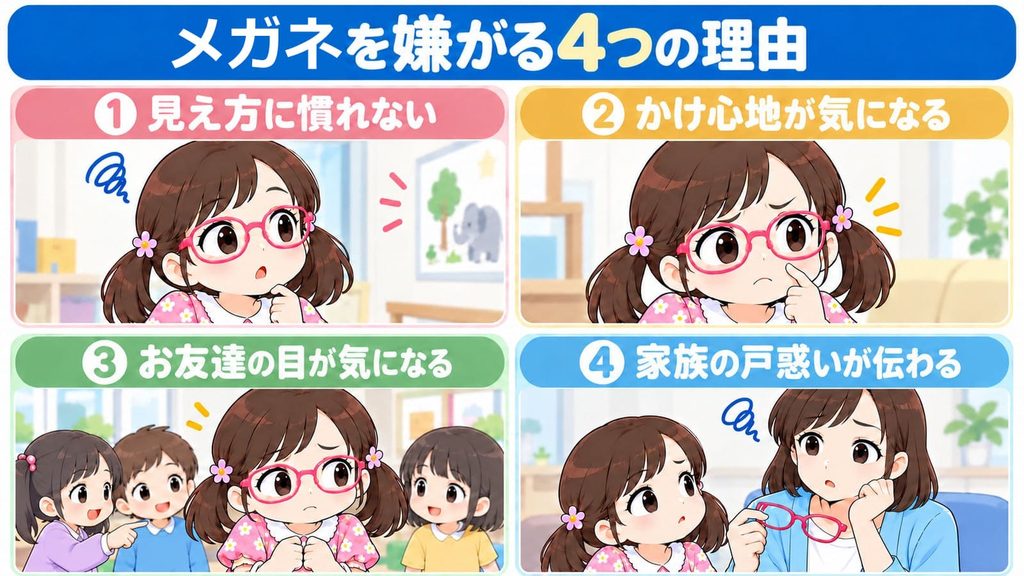 子どもがメガネを嫌がる4つの理由を説明する図