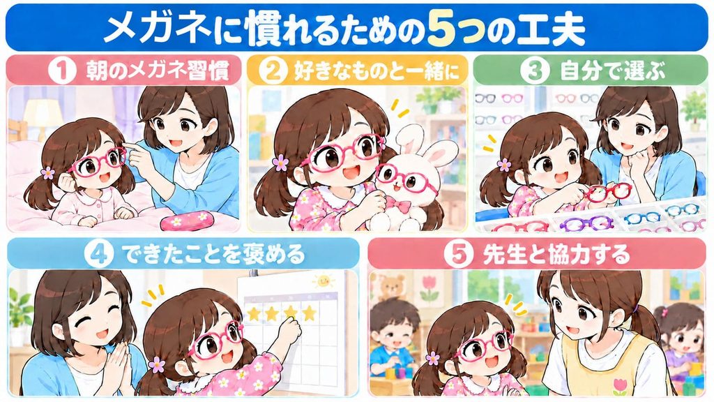 メガネに慣れるための5つの工夫について説明する図