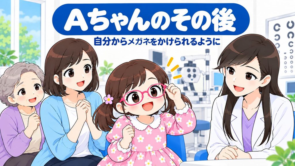 自分からメガネをかけられるようになった女の子と、それを見守る家族と医師の図
