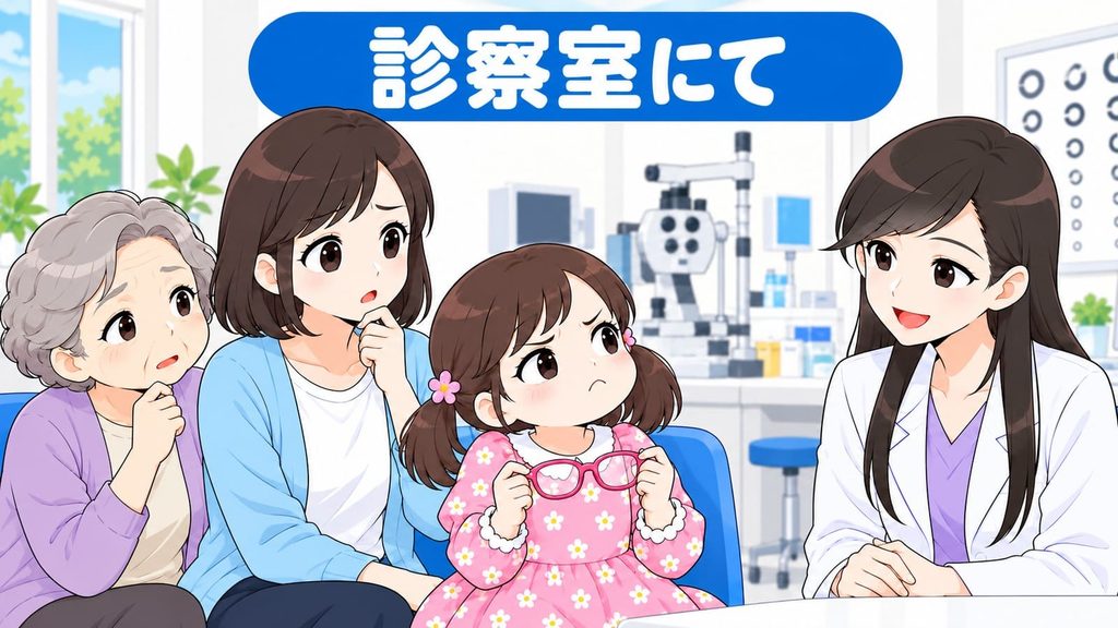 メガネを嫌がる子どもと、心配そうに見守る家族と医師の図