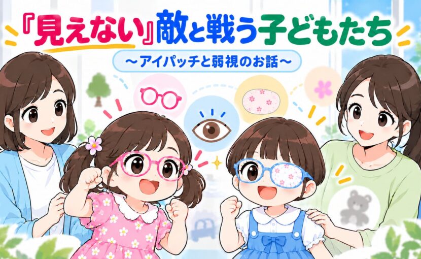 メガネの女の子とアイパッチを付けた女の子とそれぞれの母親の図
