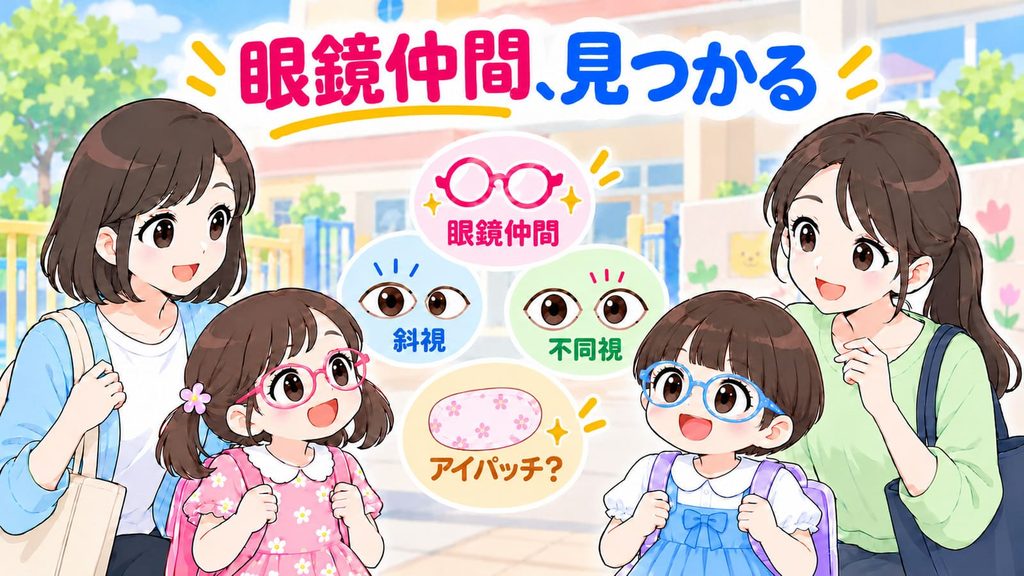 メガネをかけた女の子2人とそれぞれの母親が向き合っている図
