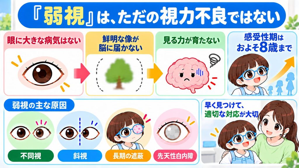 「弱視」はただの視力不良ではないことを説明する図