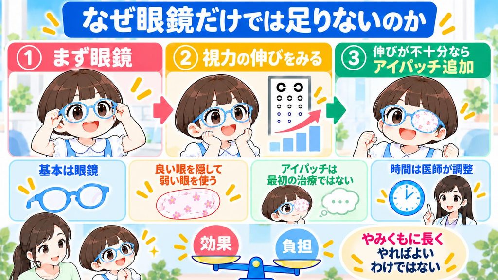 眼鏡だけでは治療として足りないことを説明する図