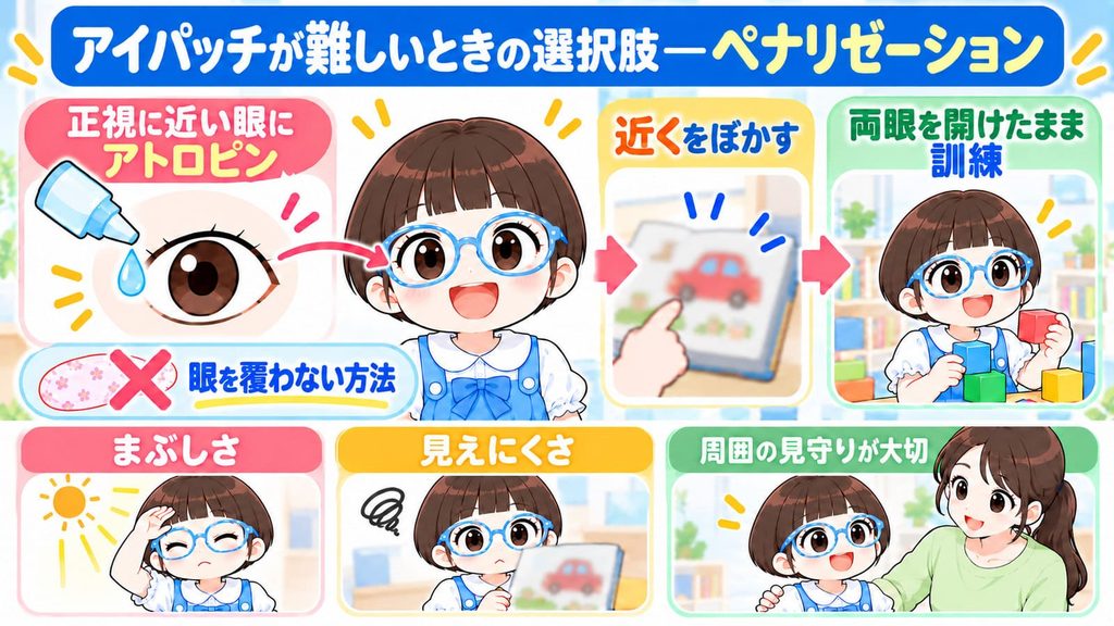 アイパッチをが難しい時の選択肢、ぺなりゼーションを説明する図