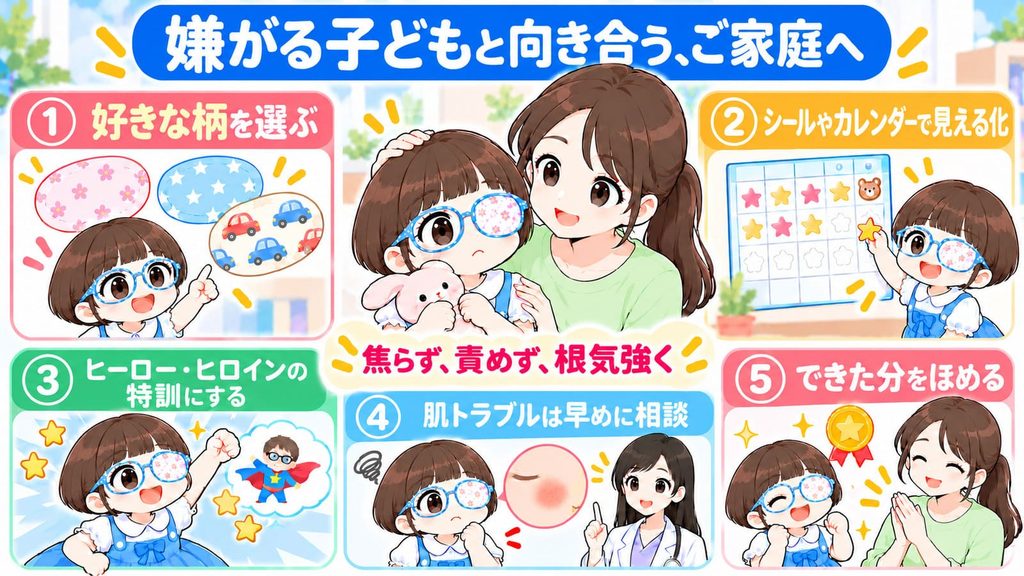 アイパッチを嫌がる子どもと向き合うための工夫を説明する図